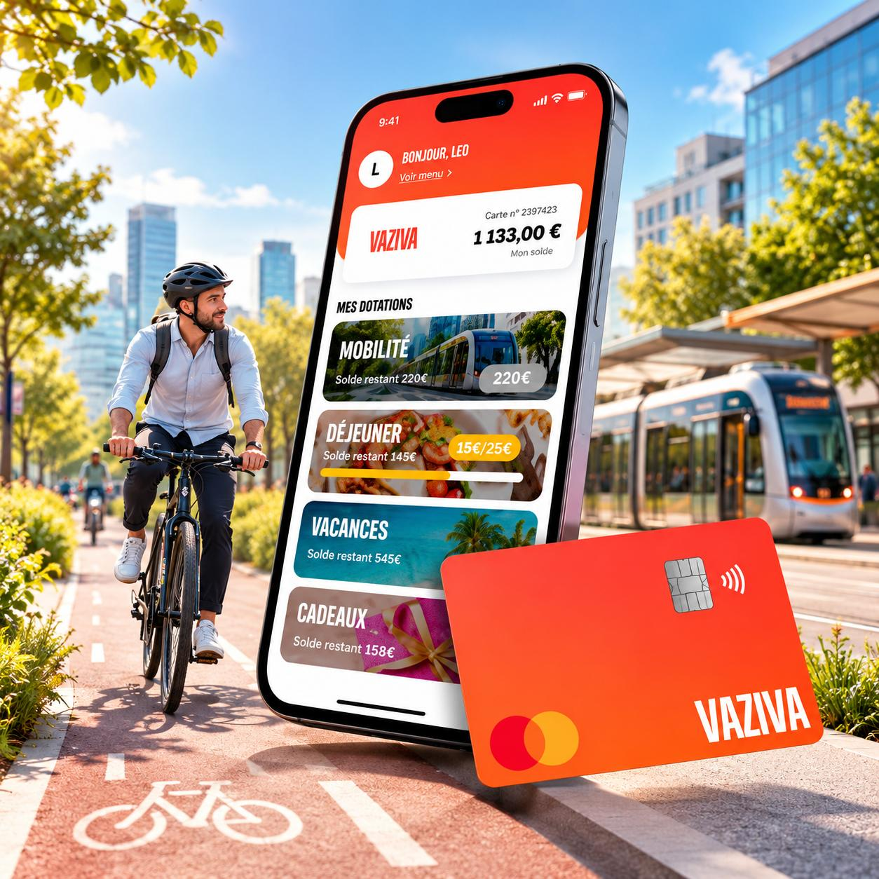 Cycliste en ville avec l’application et la carte Vaziva